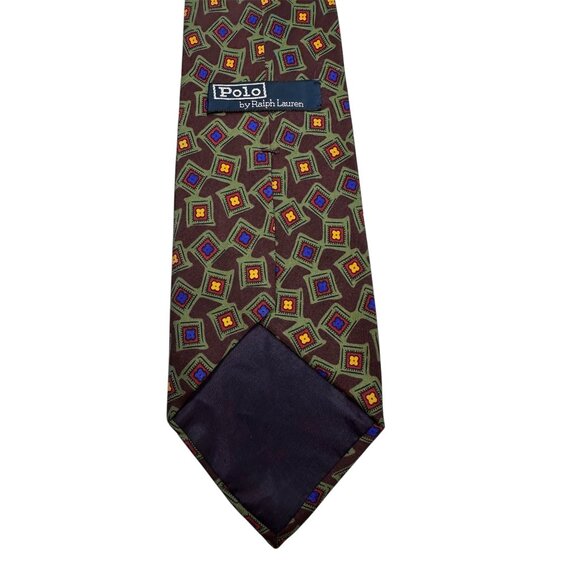 Polo By Ralph Lauren Silk Handmade Tie Brown Geometric Pattern Made In USA - Picture 3 of 6